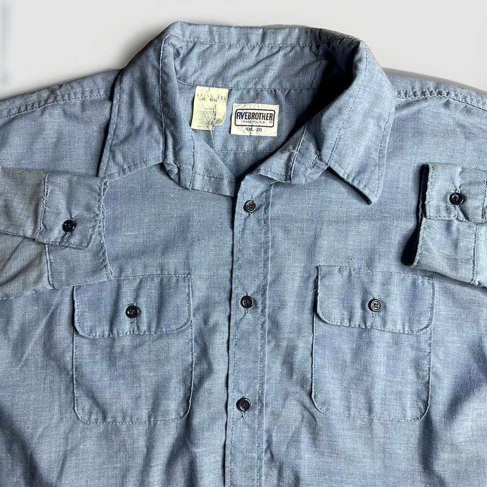 Vintage 80s Five Brother Shirt Mens 3XL Blue Chambray Denim Lightweight Prison